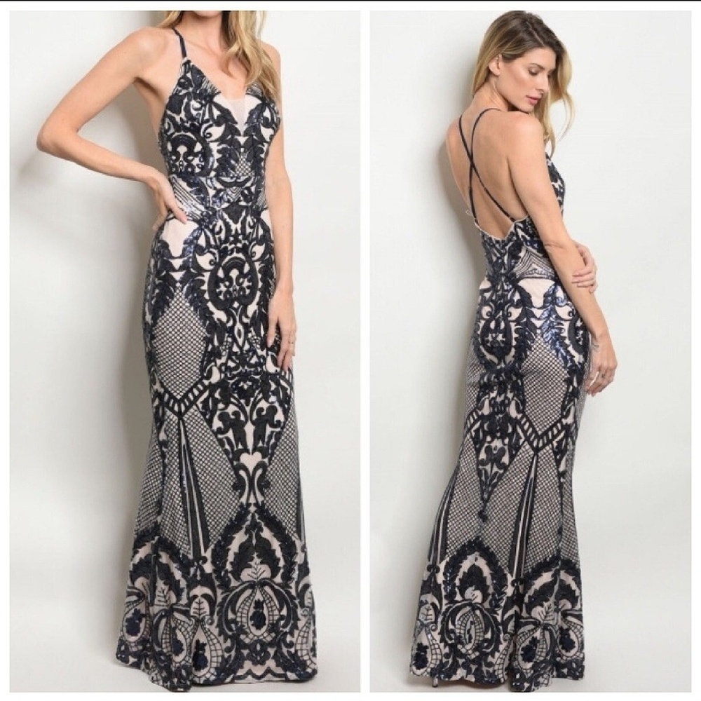 Stunning Sequin Navy Nude Illusion Maxi Gown